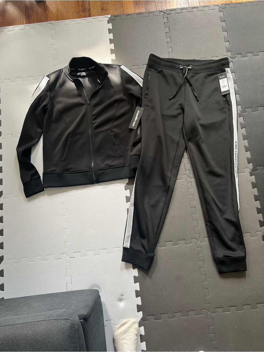 Karl Lagerfeld Black Track Jacket with Silver Side Stripes and matching pants - Picture 3 of 9